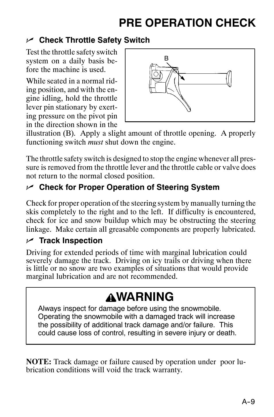 Warning, Pre operation check | Polaris 120 XC SP User Manual | Page 28 / 98