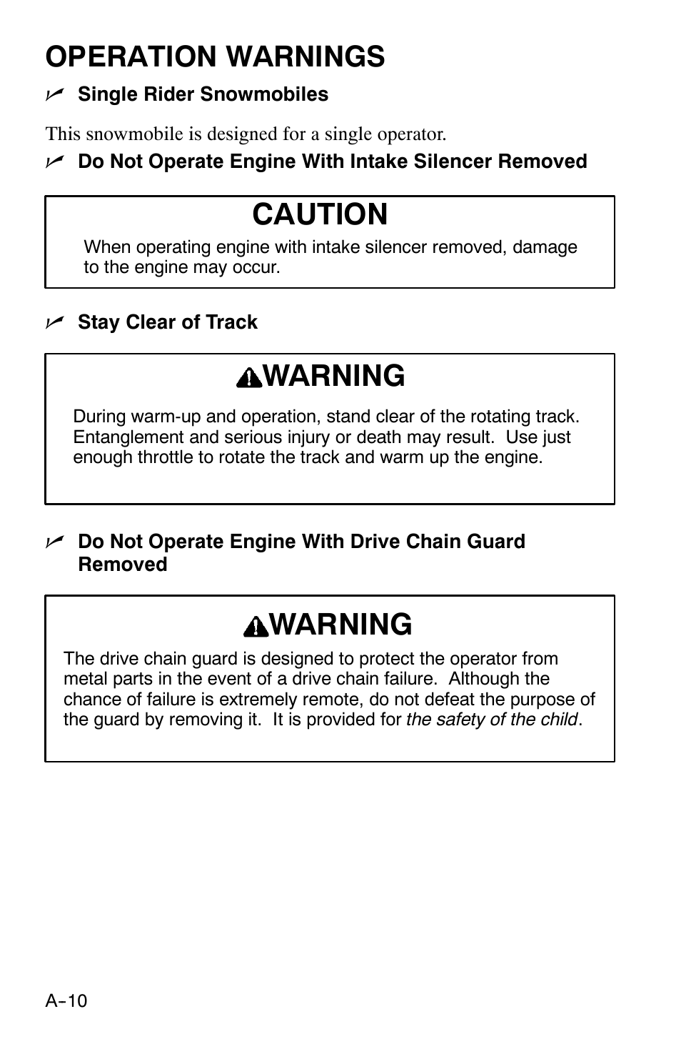 Caution, Warning, Operation warnings | Polaris 120 XC SP User Manual | Page 29 / 98