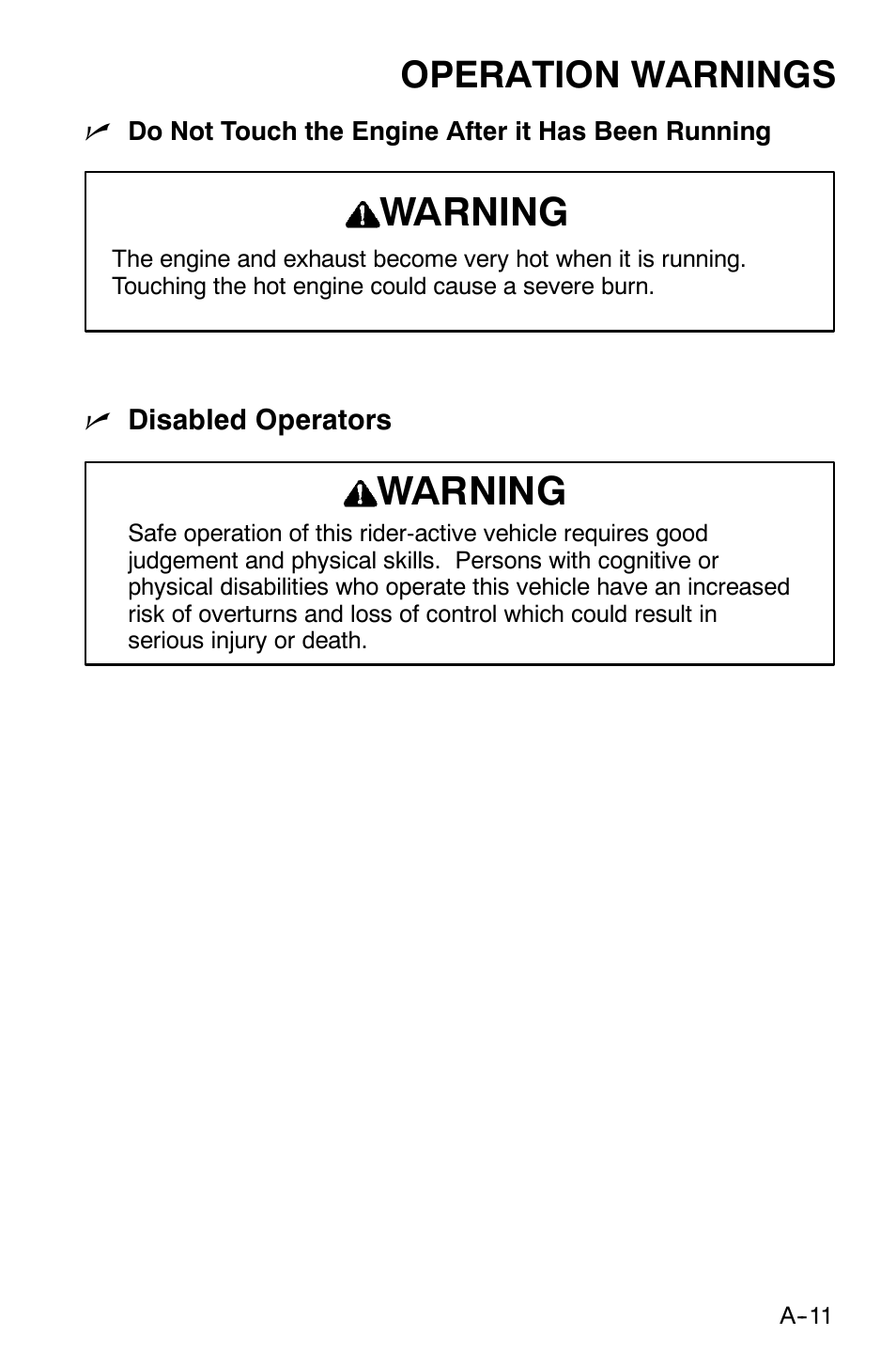 Warning, Operation warnings | Polaris 120 XC SP User Manual | Page 30 / 98