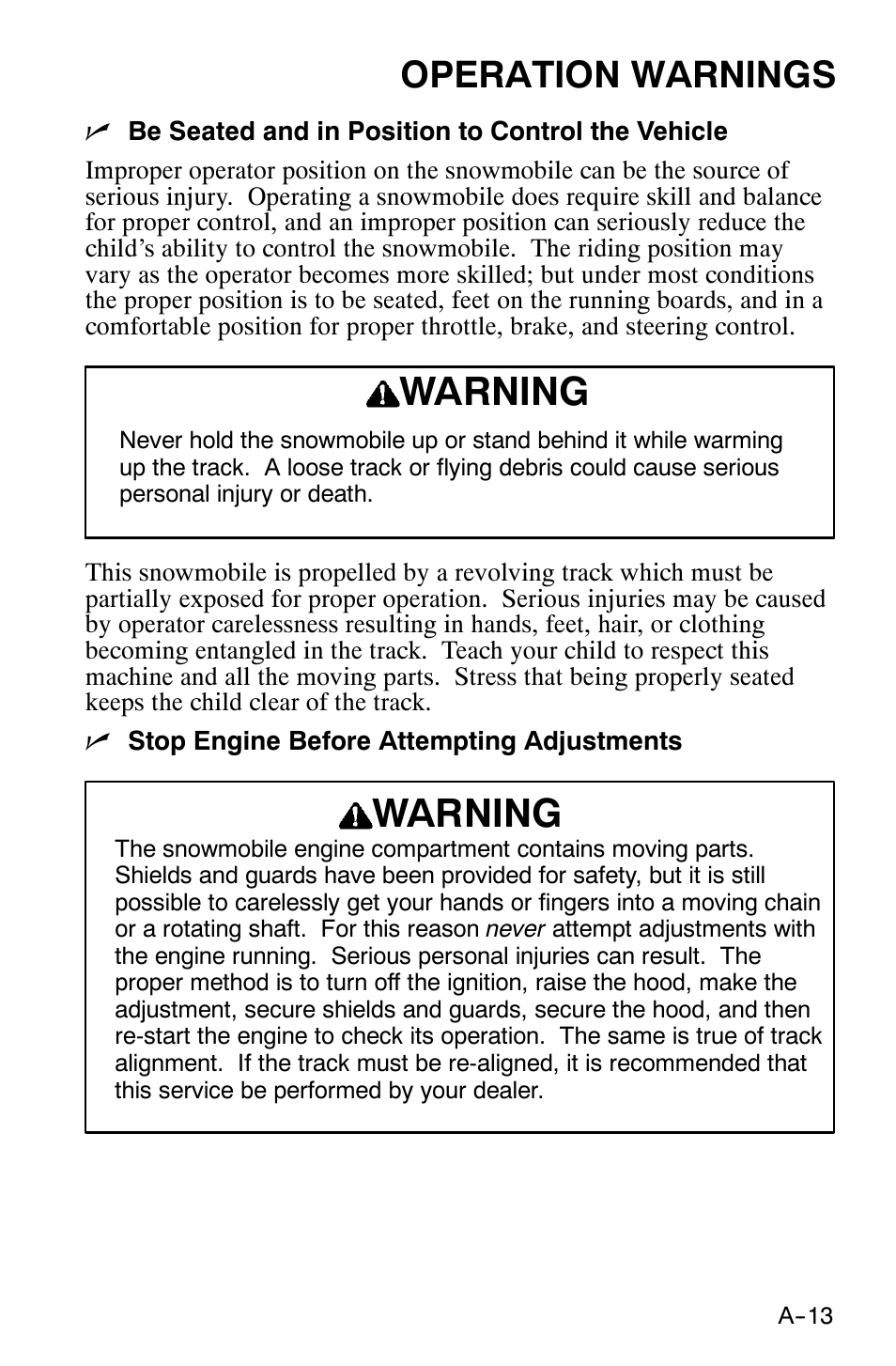 Warning, Operation warnings | Polaris 120 XC SP User Manual | Page 32 / 98