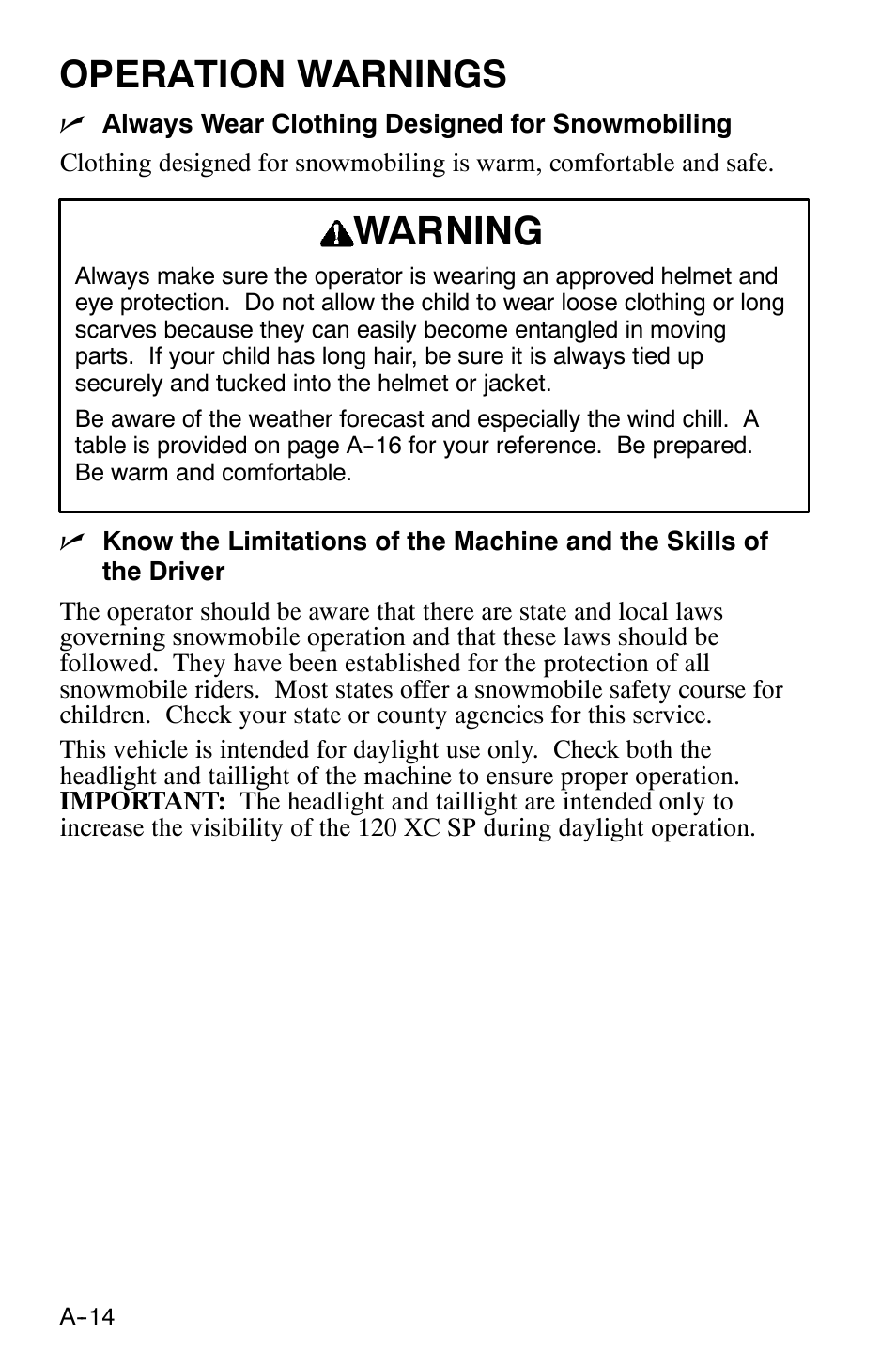 Warning, Operation warnings | Polaris 120 XC SP User Manual | Page 33 / 98