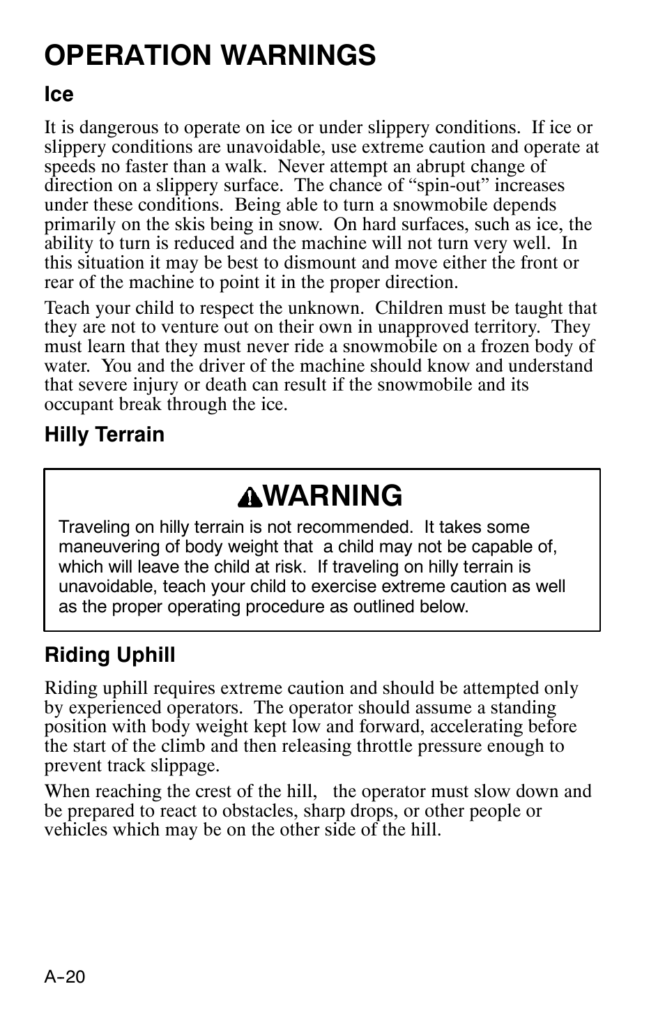 Warning, Operation warnings | Polaris 120 XC SP User Manual | Page 39 / 98