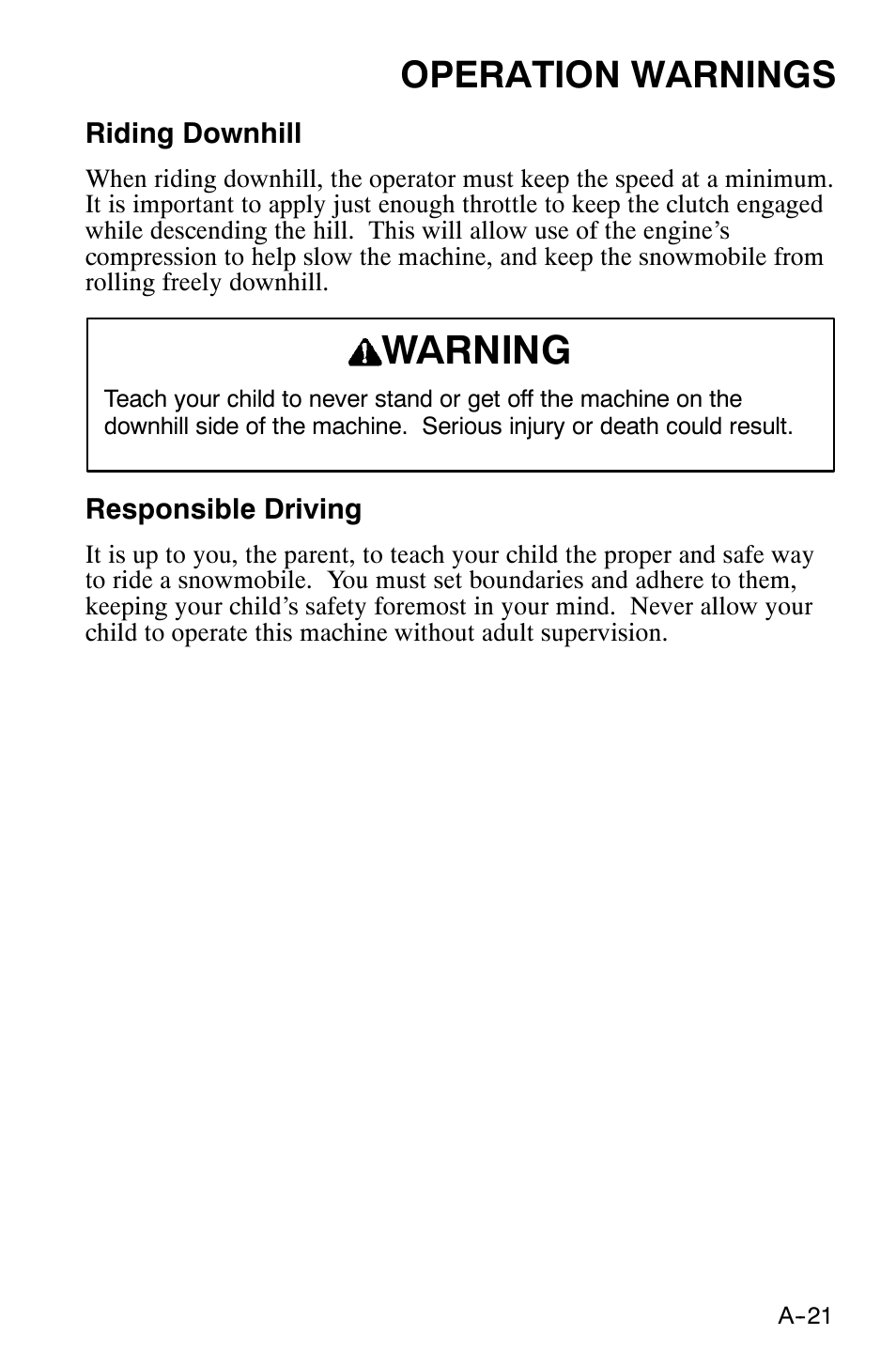 Warning, Operation warnings | Polaris 120 XC SP User Manual | Page 40 / 98