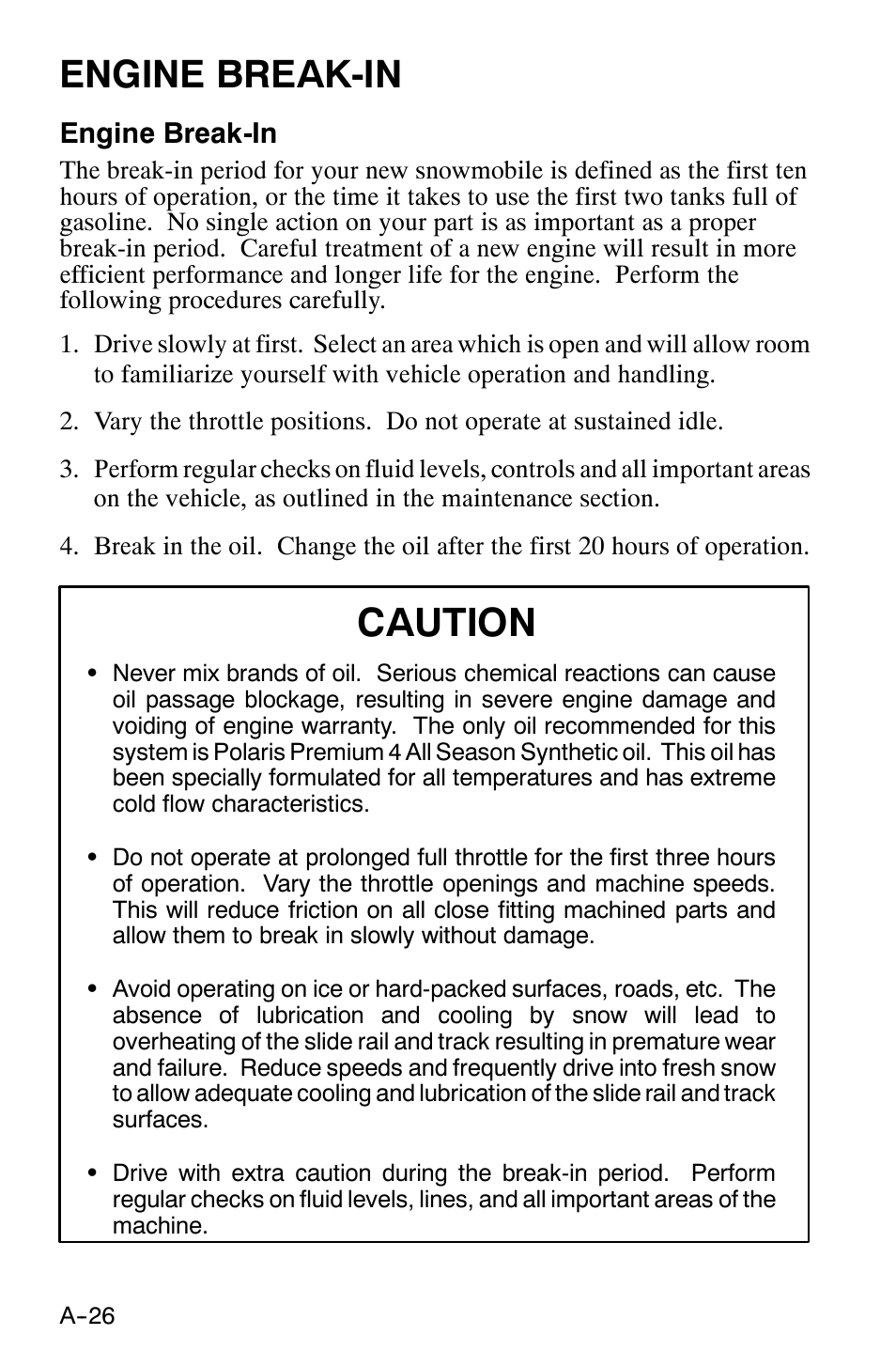 Caution, Engine break-in | Polaris 120 XC SP User Manual | Page 45 / 98