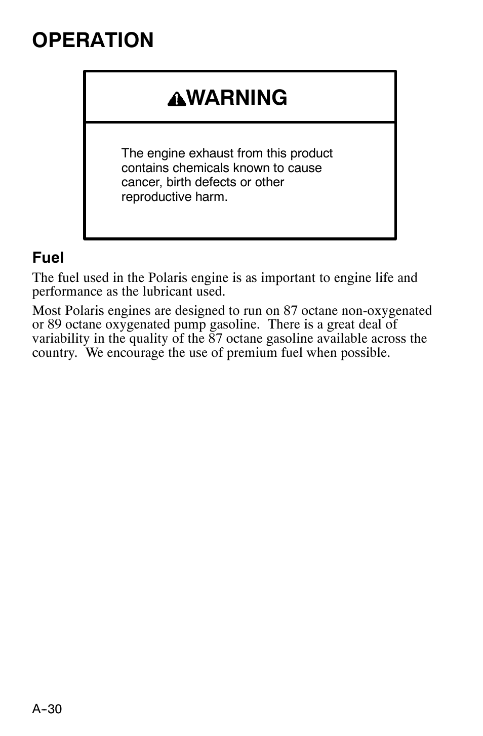 Warning, Operation | Polaris 120 XC SP User Manual | Page 49 / 98