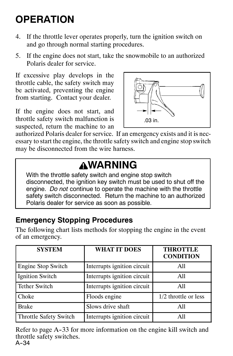 Warning, Operation, Emergency stopping procedures | Polaris 120 XC SP User Manual | Page 53 / 98