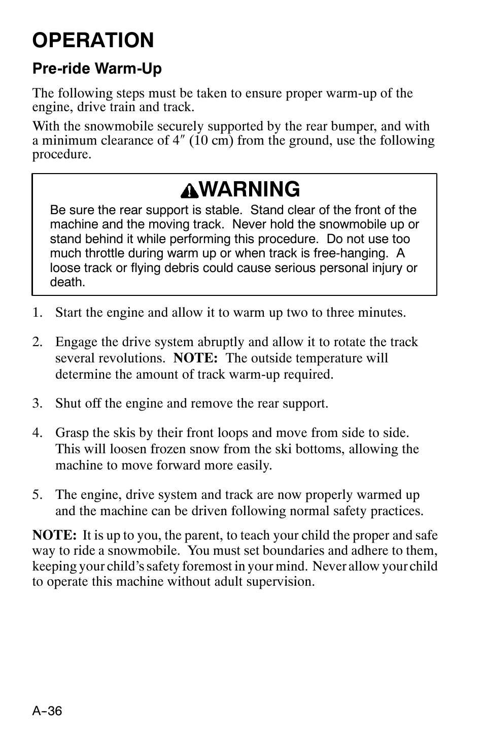 Warning, Operation | Polaris 120 XC SP User Manual | Page 55 / 98