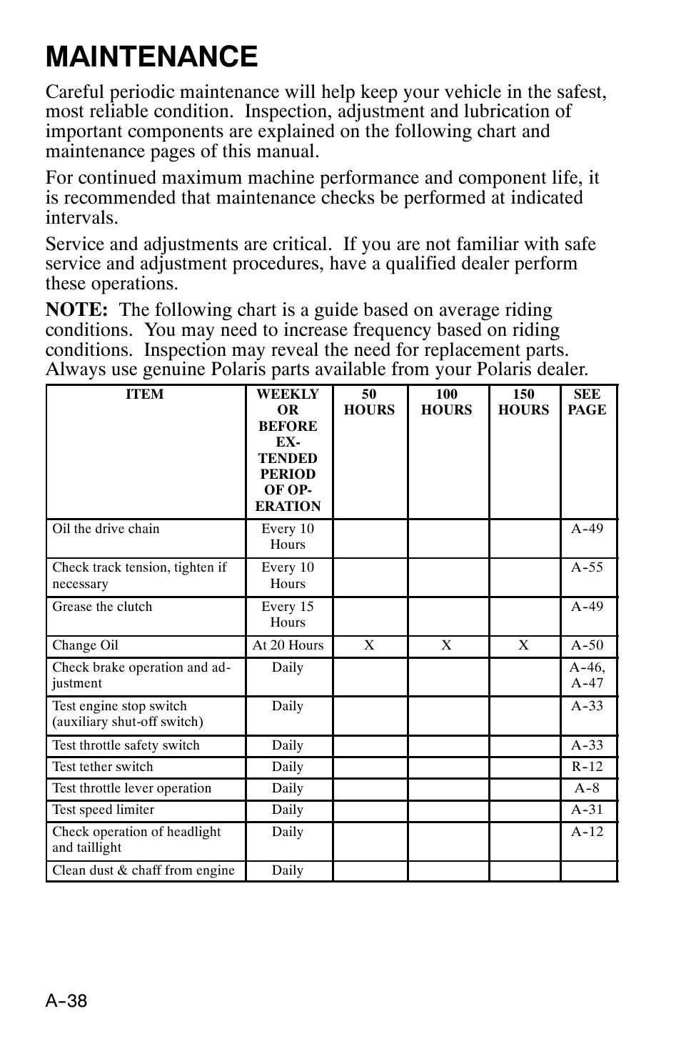 Maintenance | Polaris 120 XC SP User Manual | Page 57 / 98