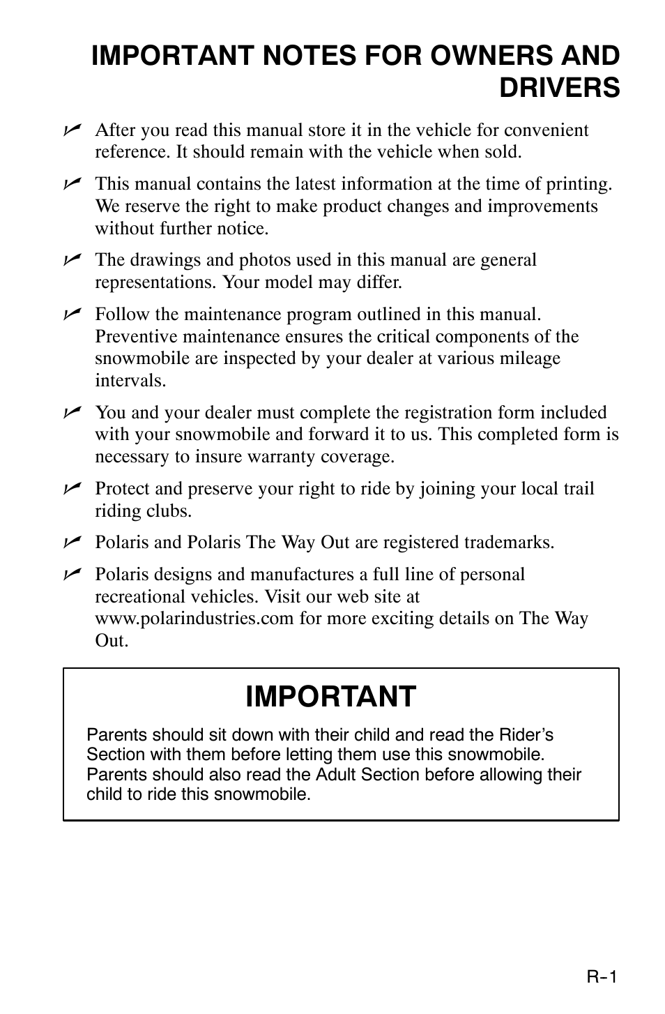 Important | Polaris 120 XC SP User Manual | Page 6 / 98