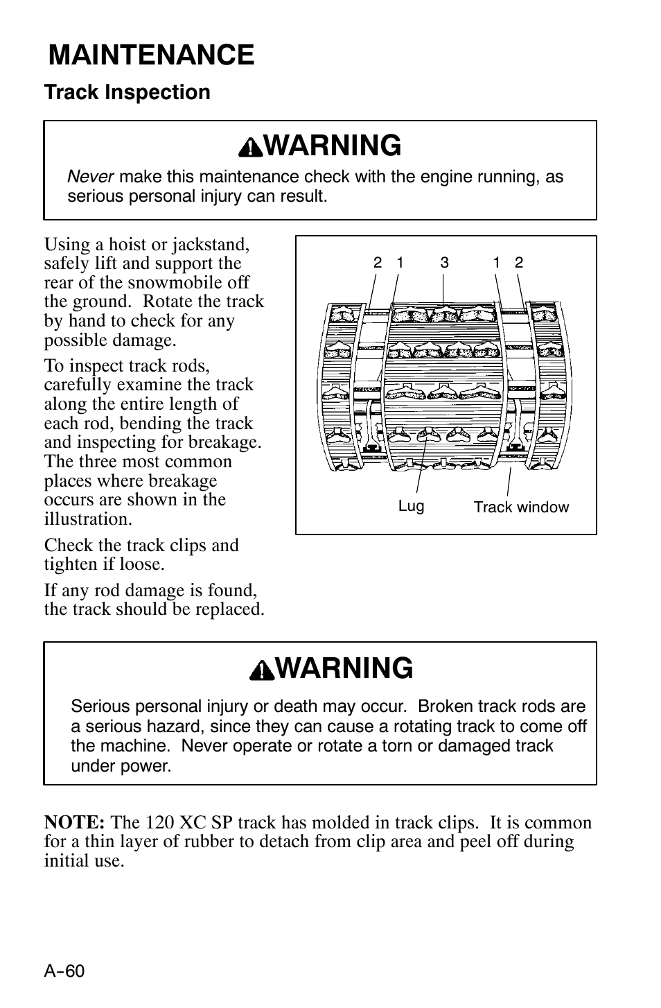 Warning, Maintenance | Polaris 120 XC SP User Manual | Page 79 / 98