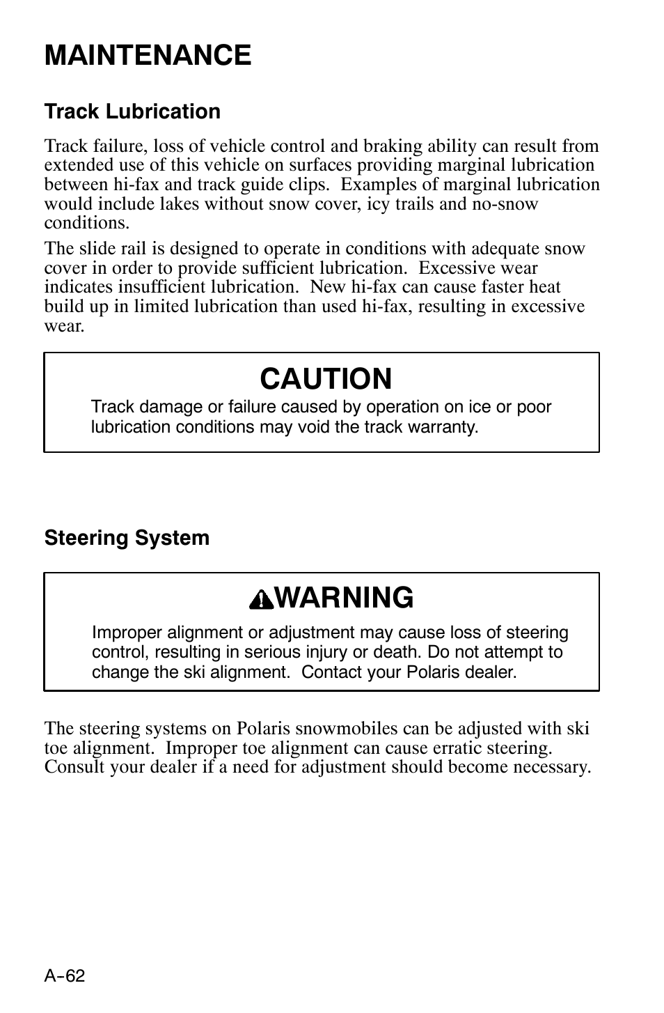 Caution, Warning, Maintenance | Polaris 120 XC SP User Manual | Page 81 / 98