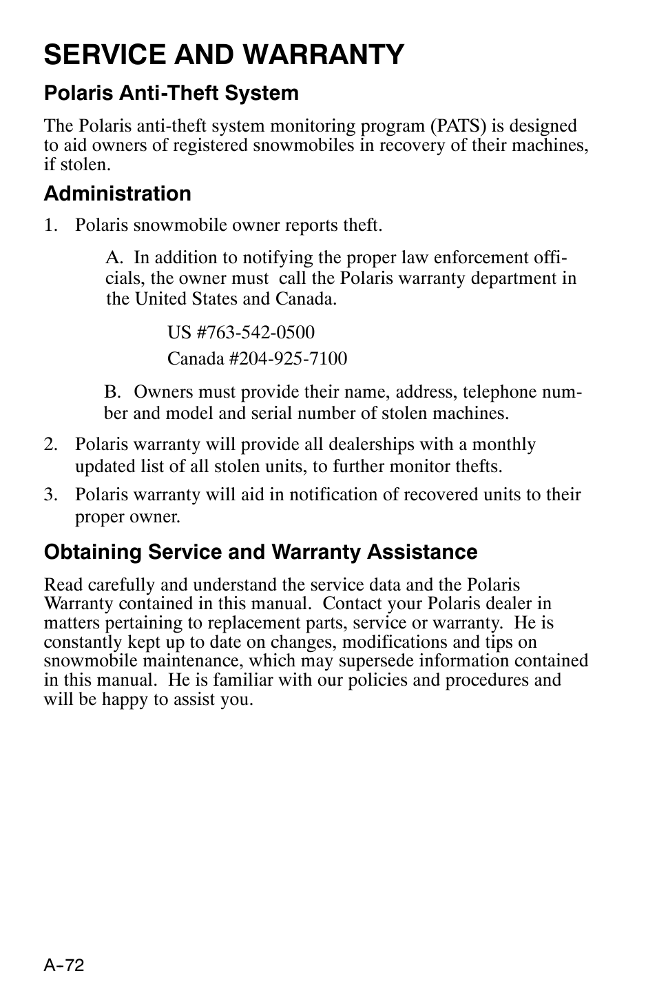 Service and warranty | Polaris 120 XC SP User Manual | Page 91 / 98