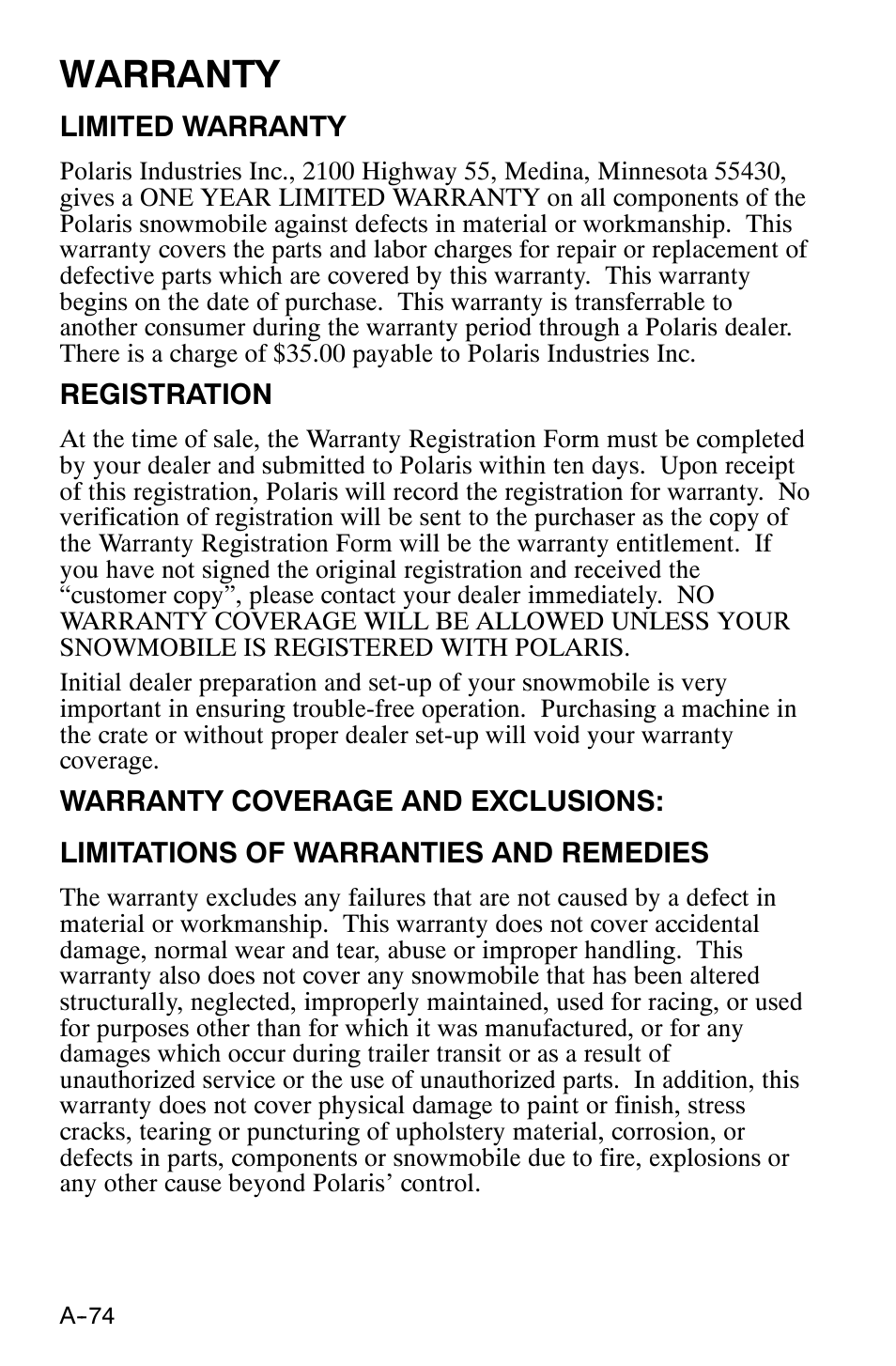 Warranty | Polaris 120 XC SP User Manual | Page 93 / 98