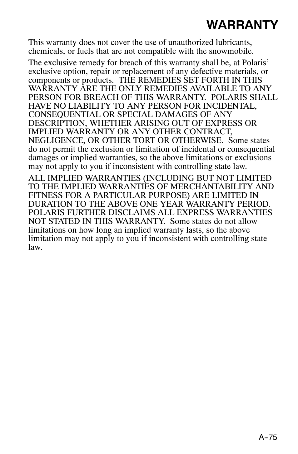 Warranty | Polaris 120 XC SP User Manual | Page 94 / 98