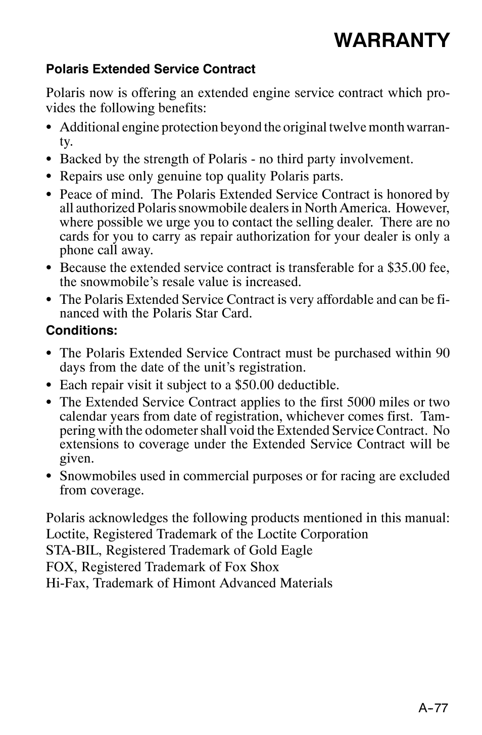 Warranty | Polaris 120 XC SP User Manual | Page 96 / 98