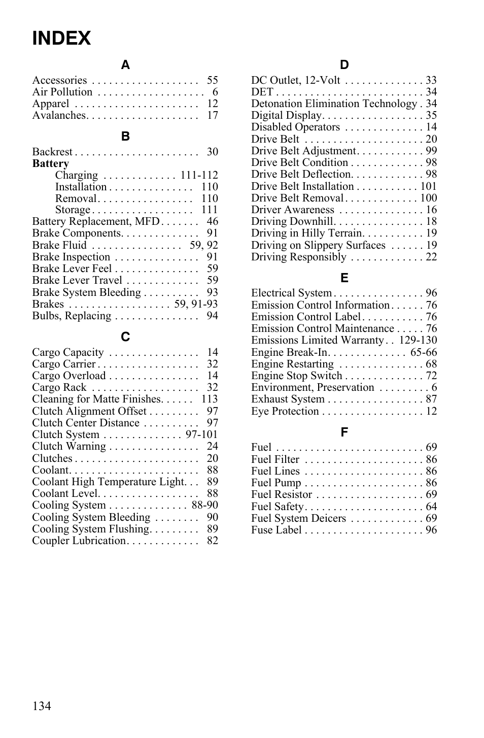 Index | Polaris 600 IQ Widetrak User Manual | Page 138 / 140