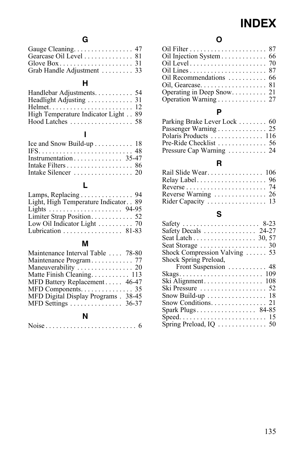 Index | Polaris 600 IQ Widetrak User Manual | Page 139 / 140