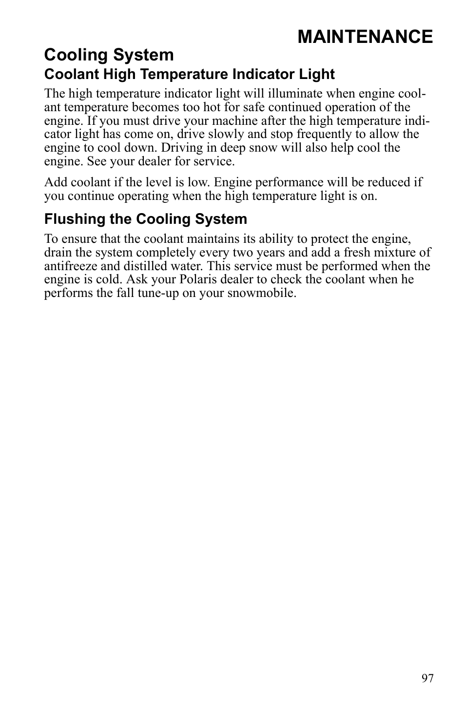 Maintenance, Cooling system | Polaris 600 IQ Touring User Manual | Page 100 / 141