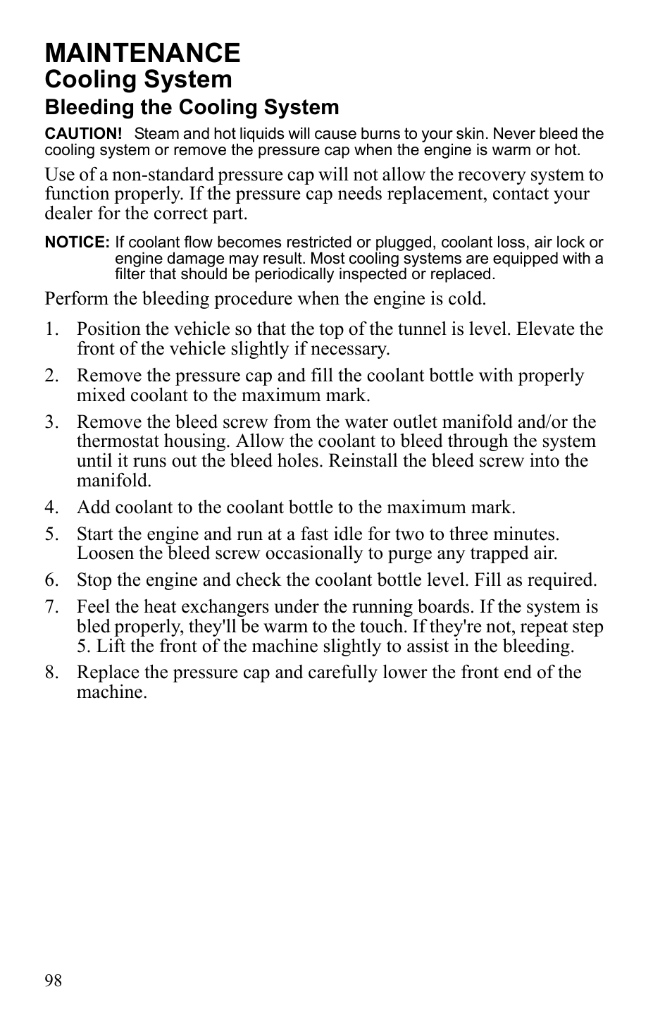 Maintenance, Cooling system | Polaris 600 IQ Touring User Manual | Page 101 / 141