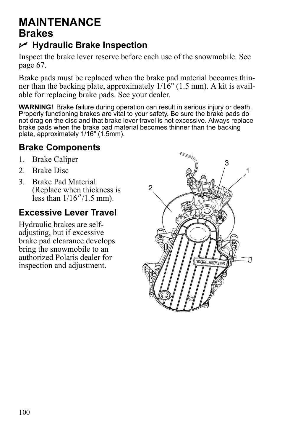 Maintenance, Brakes | Polaris 600 IQ Touring User Manual | Page 103 / 141