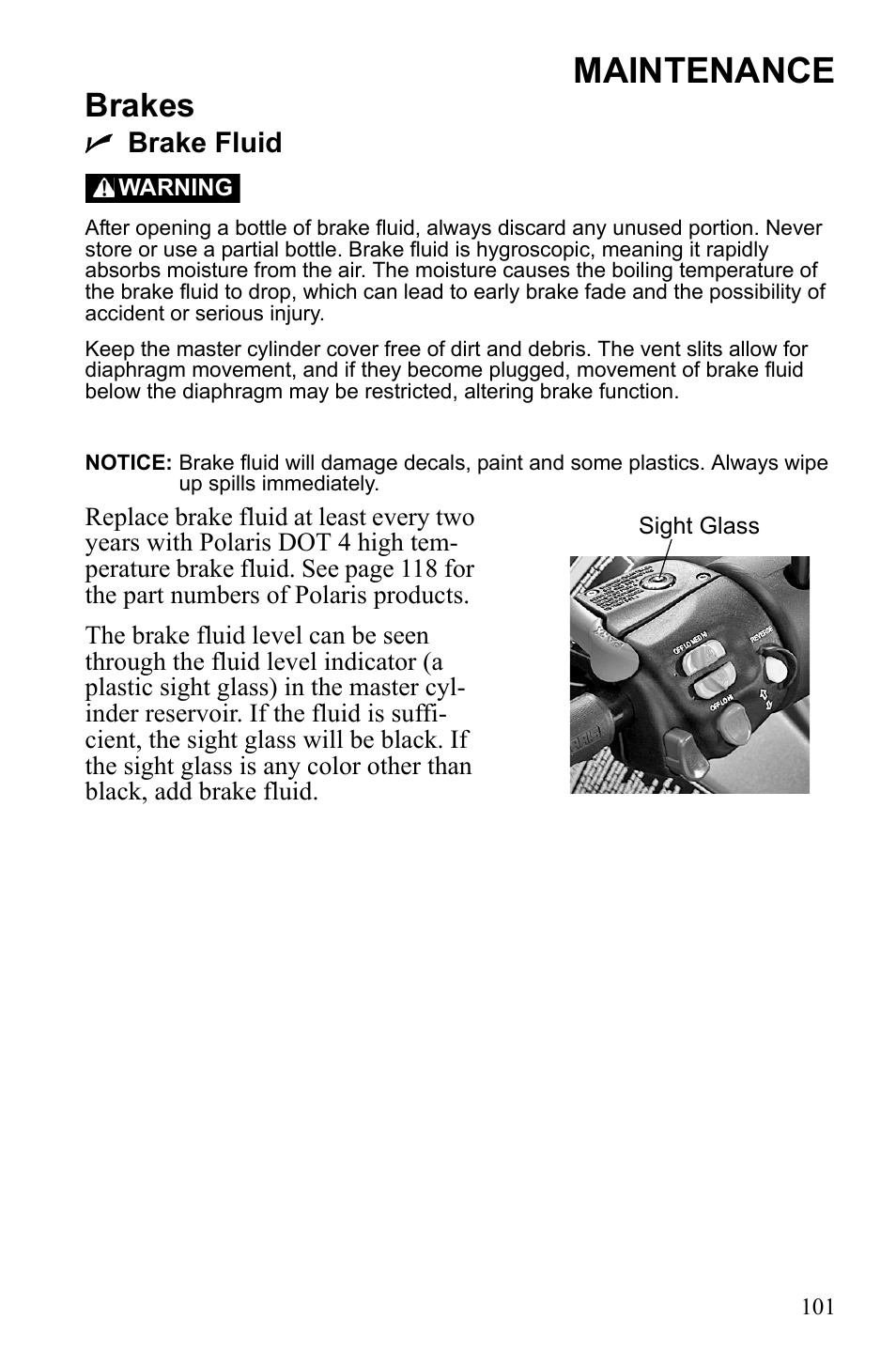 Maintenance, Brakes, Nbrake fluid | Polaris 600 IQ Touring User Manual | Page 104 / 141