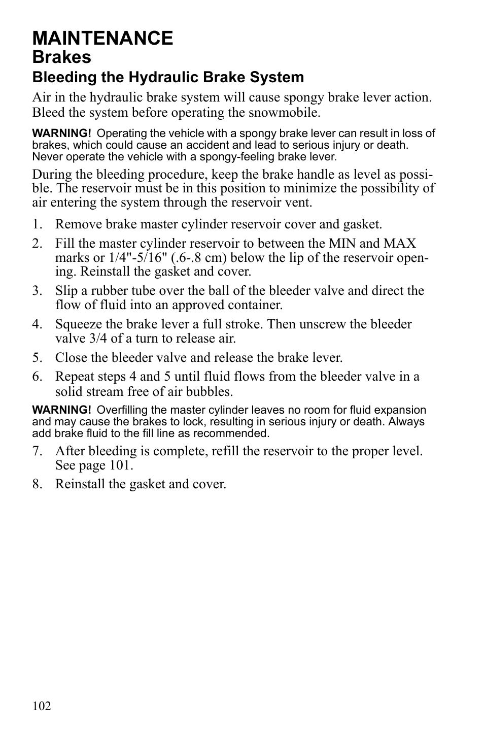 Maintenance, Brakes | Polaris 600 IQ Touring User Manual | Page 105 / 141