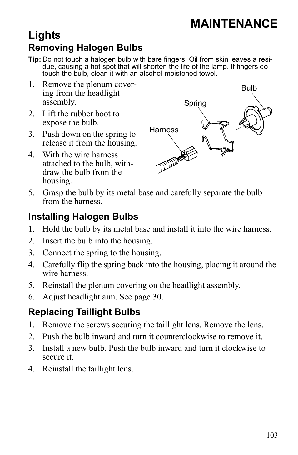 Maintenance, Lights | Polaris 600 IQ Touring User Manual | Page 106 / 141