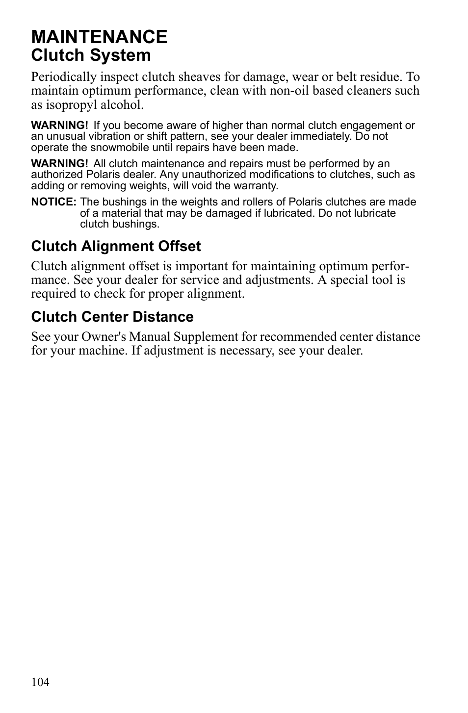 Maintenance, Clutch system, Clutch alignment offset | Clutch center distance | Polaris 600 IQ Touring User Manual | Page 107 / 141