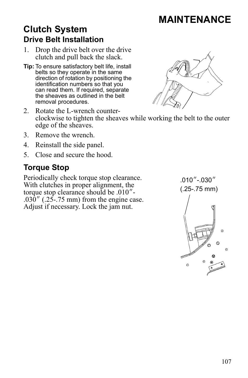 Maintenance, Clutch system, Drive belt installation | Torque stop | Polaris 600 IQ Touring User Manual | Page 110 / 141