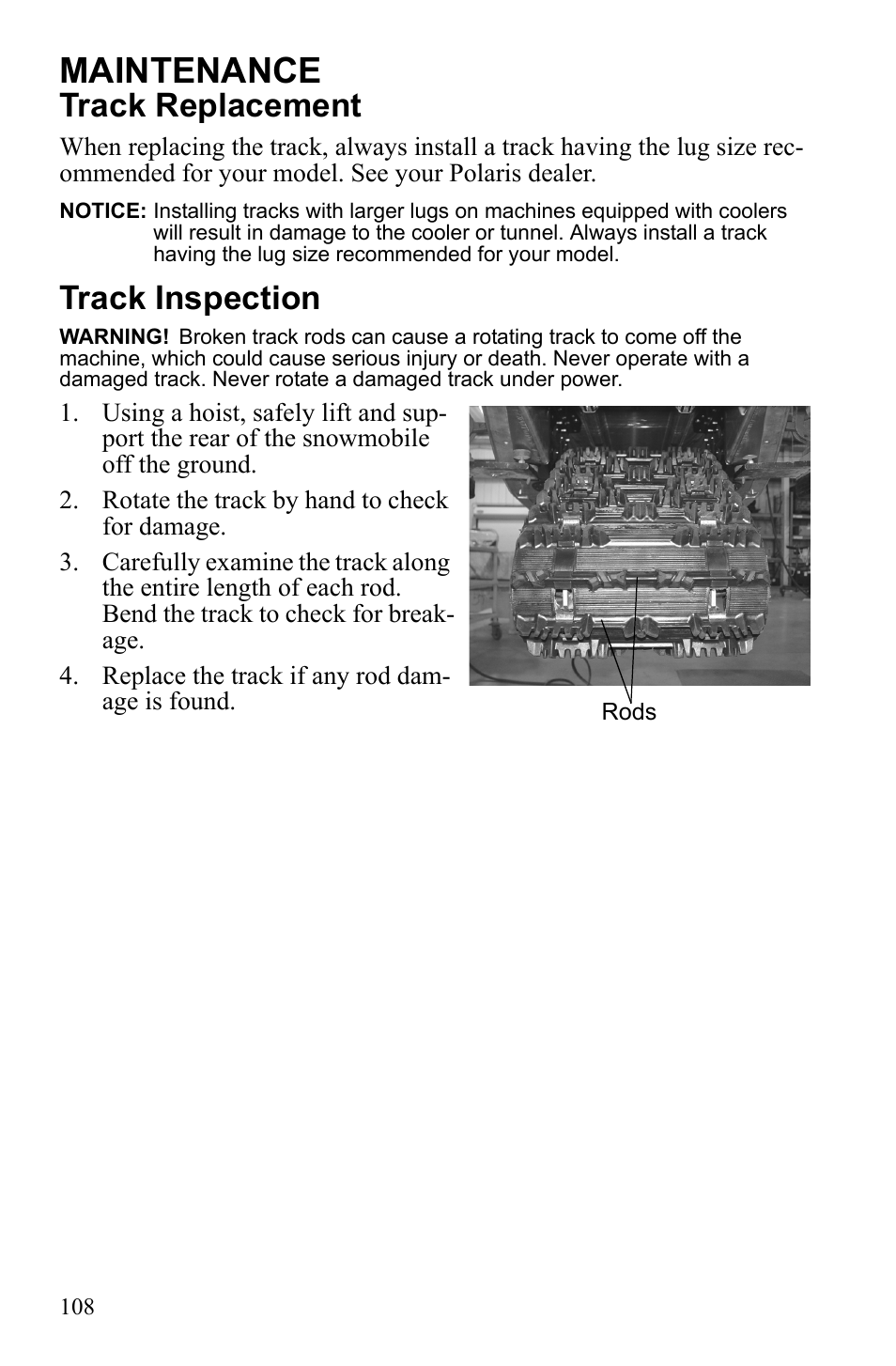 Maintenance, Track replacement, Track inspection | Polaris 600 IQ Touring User Manual | Page 111 / 141