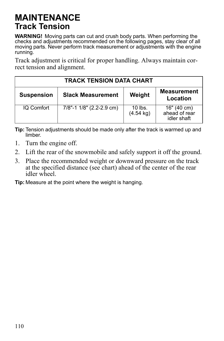 Maintenance, Track tension | Polaris 600 IQ Touring User Manual | Page 113 / 141