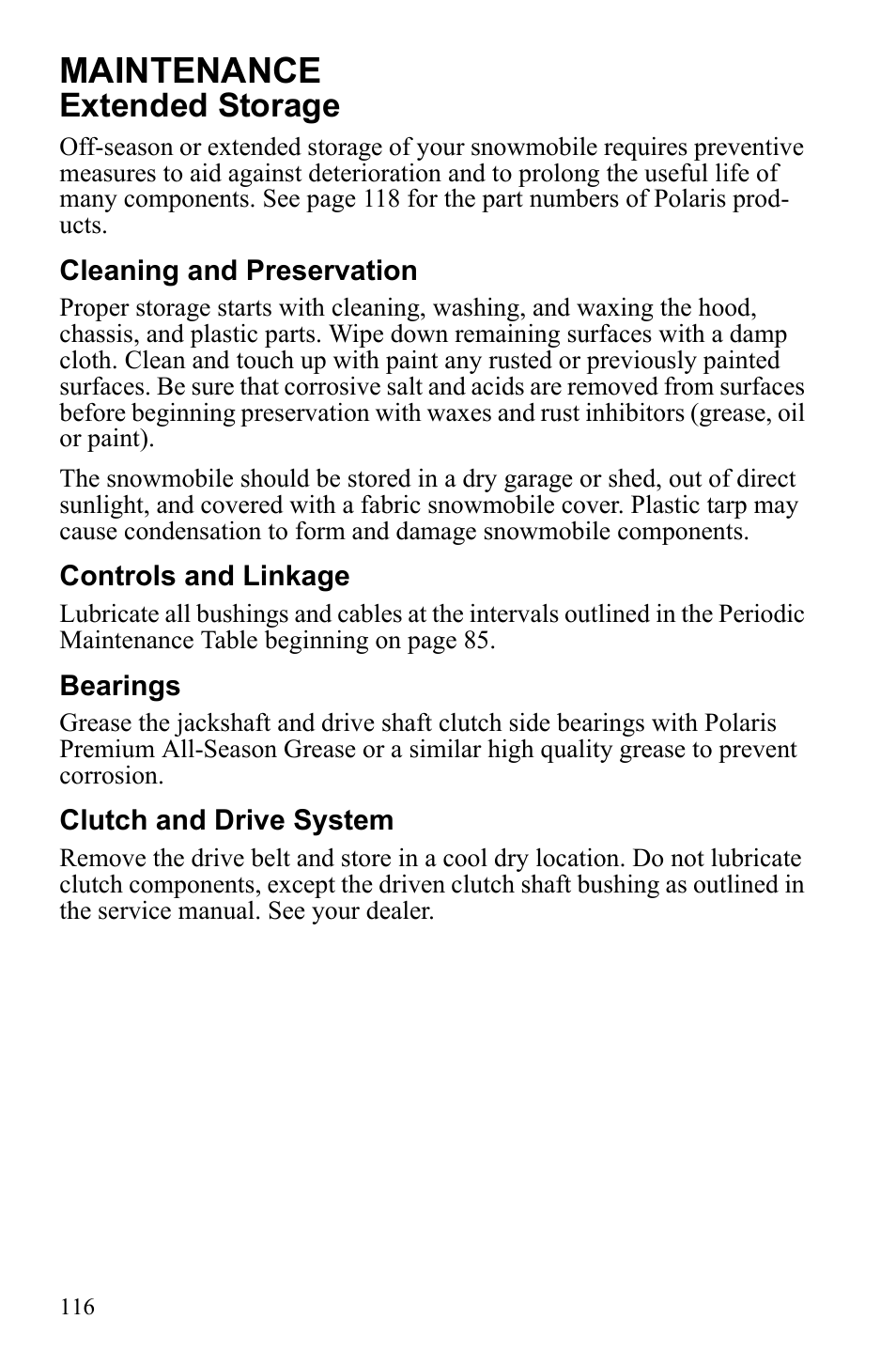 Maintenance, Extended storage | Polaris 600 IQ Touring User Manual | Page 119 / 141