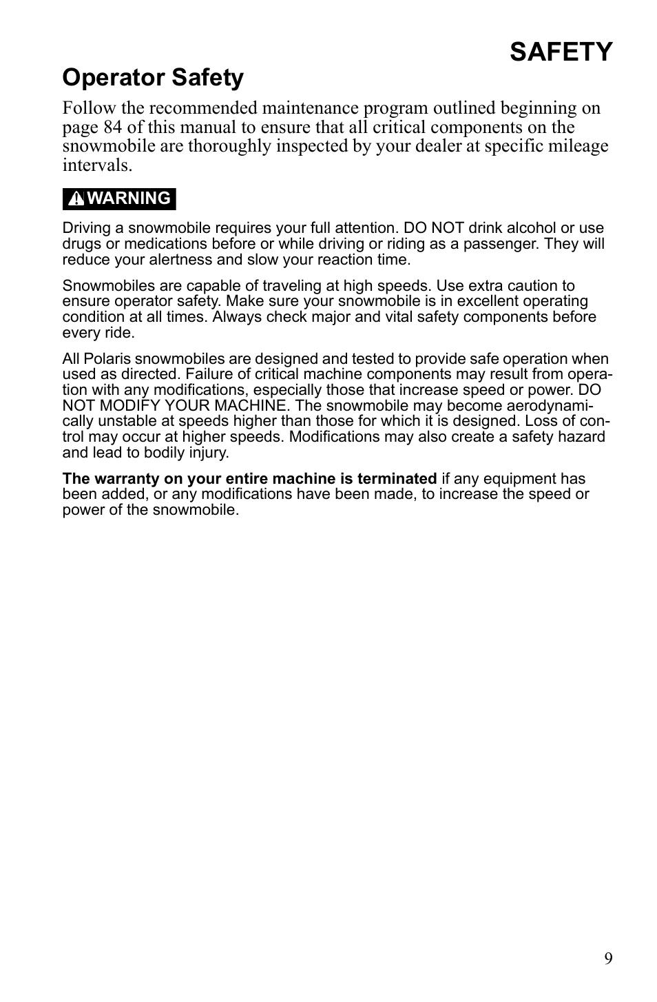 Safety, Operator safety | Polaris 600 IQ Touring User Manual | Page 12 / 141