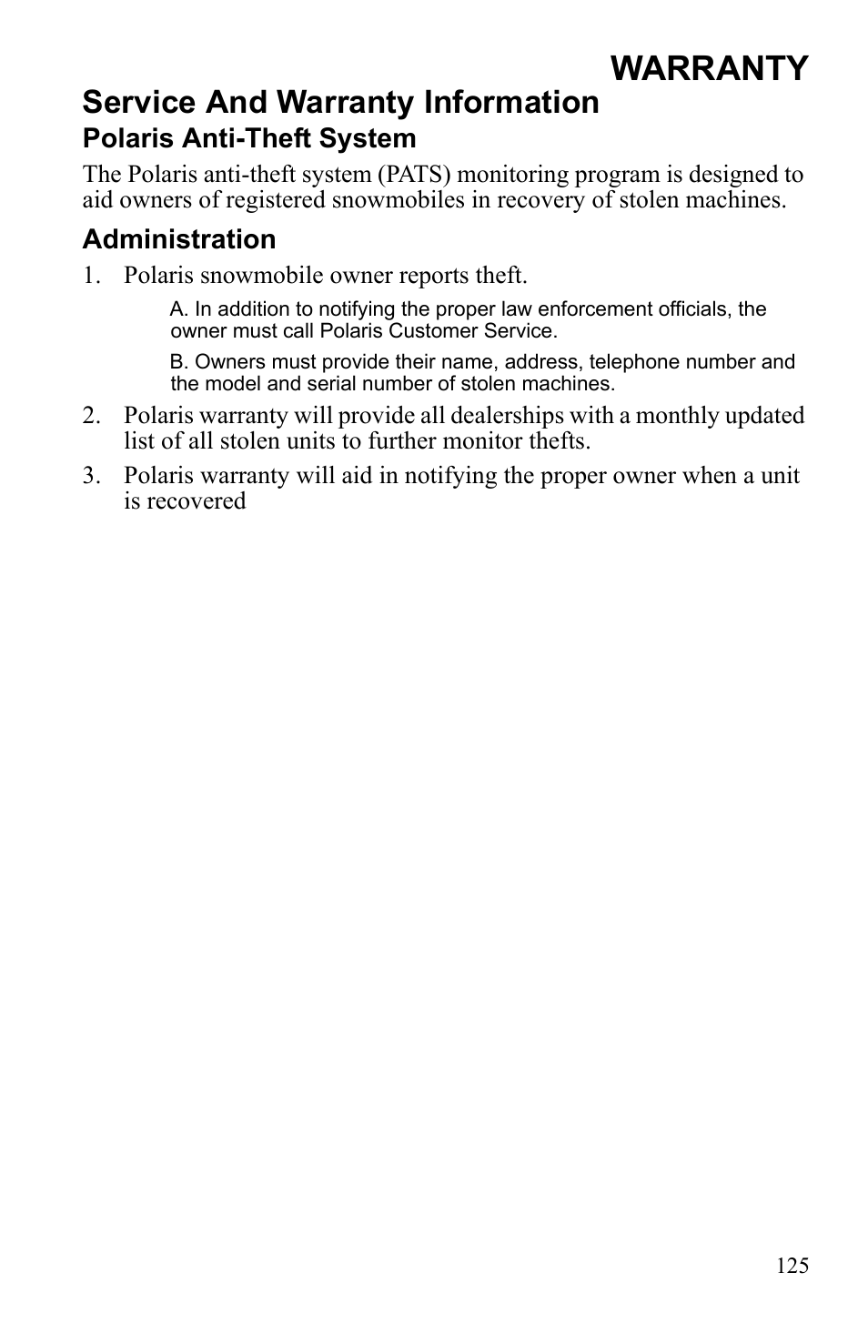 Warranty, Service and warranty information | Polaris 600 IQ Touring User Manual | Page 128 / 141