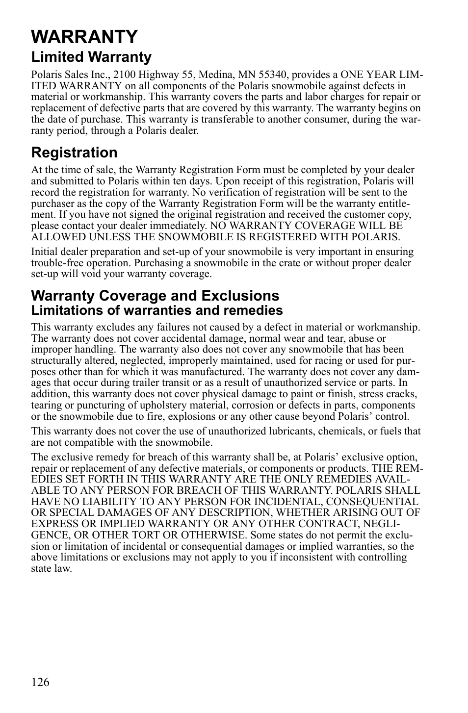 Warranty, Limited warranty, Registration | Warranty coverage and exclusions, Limitations of warranties and remedies | Polaris 600 IQ Touring User Manual | Page 129 / 141