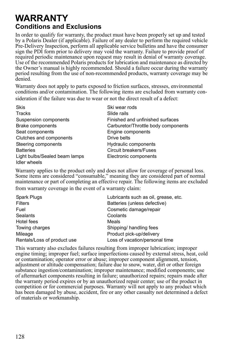Warranty, Conditions and exclusions | Polaris 600 IQ Touring User Manual | Page 131 / 141
