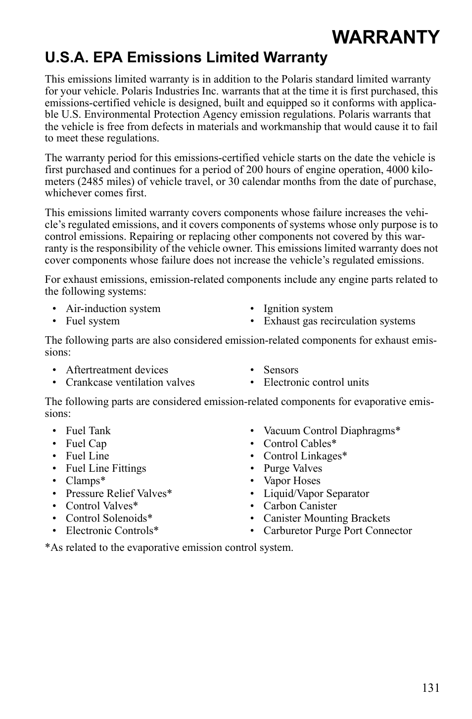 Warranty, U.s.a. epa emissions limited warranty | Polaris 600 IQ Touring User Manual | Page 134 / 141