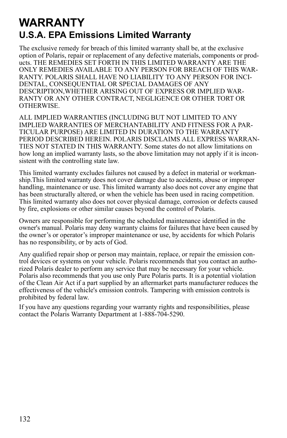 Warranty, U.s.a. epa emissions limited warranty | Polaris 600 IQ Touring User Manual | Page 135 / 141