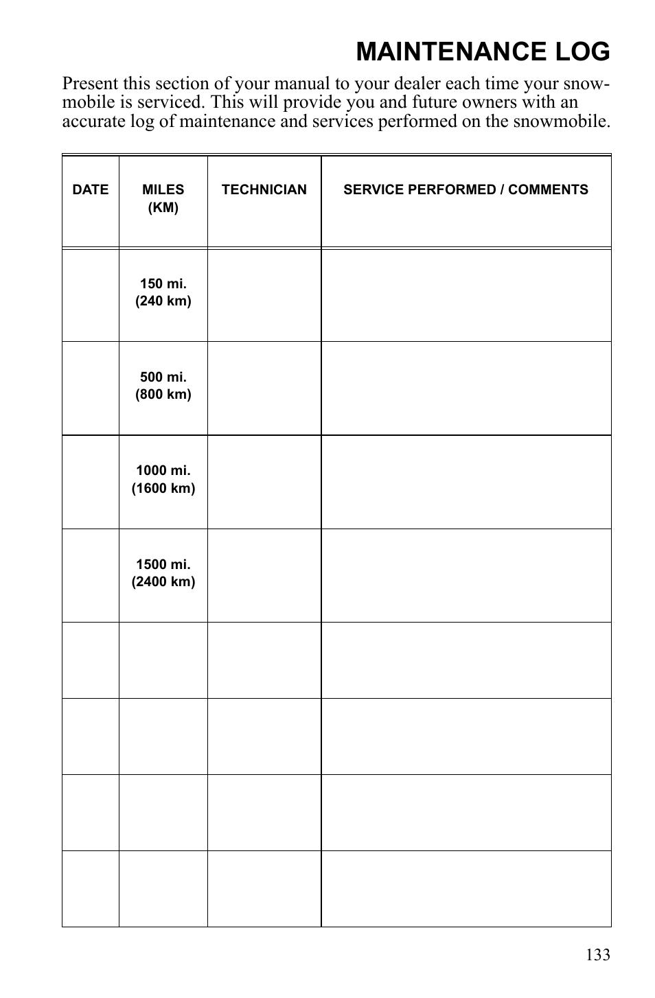 Maintenance log | Polaris 600 IQ Touring User Manual | Page 136 / 141