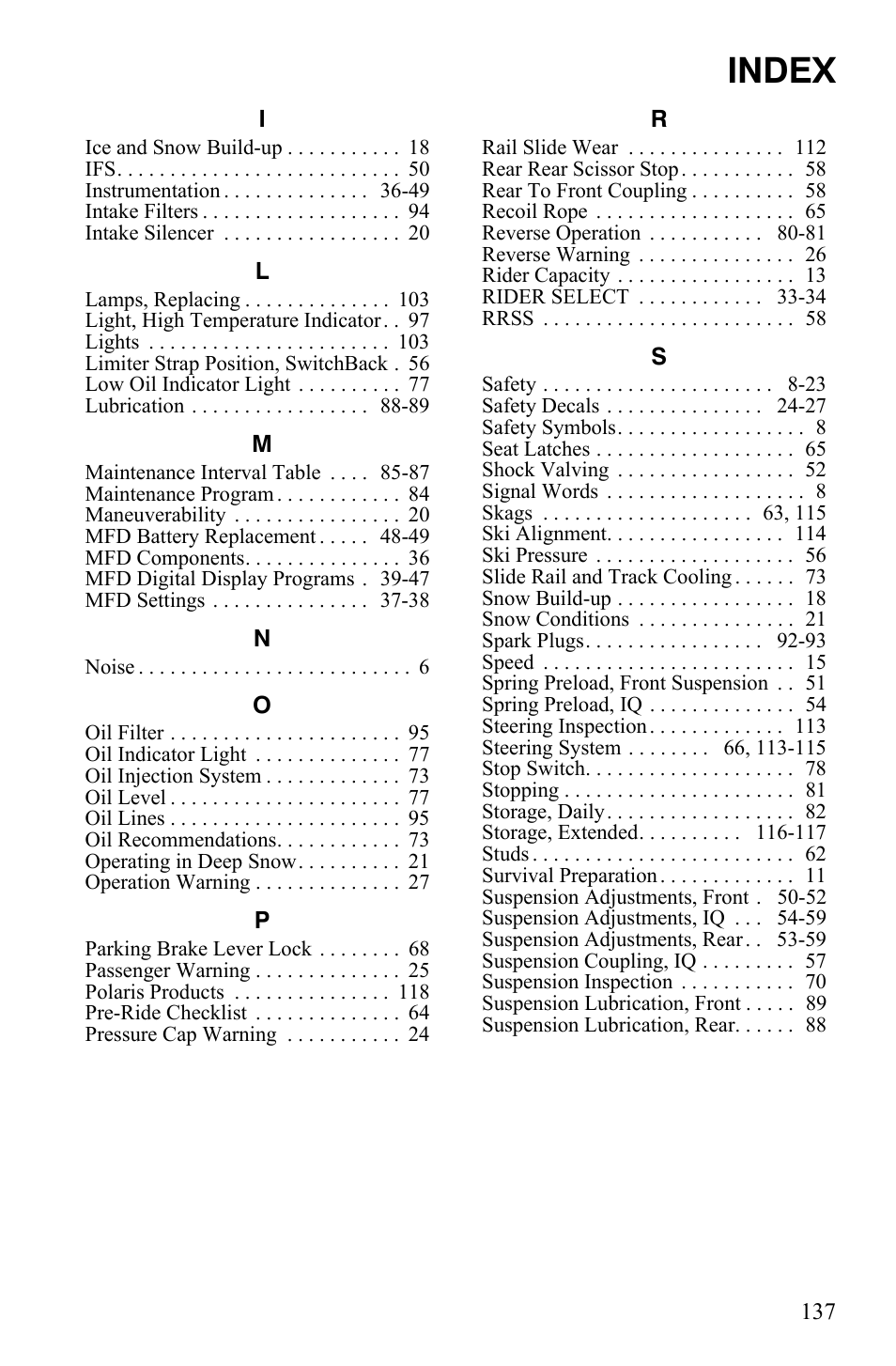 Index | Polaris 600 IQ Touring User Manual | Page 140 / 141
