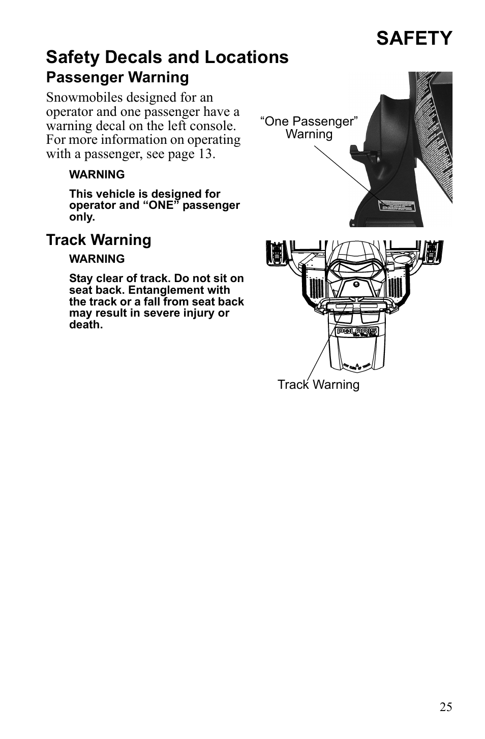 Safety, Safety decals and locations, Passenger warning | Track warning | Polaris 600 IQ Touring User Manual | Page 28 / 141