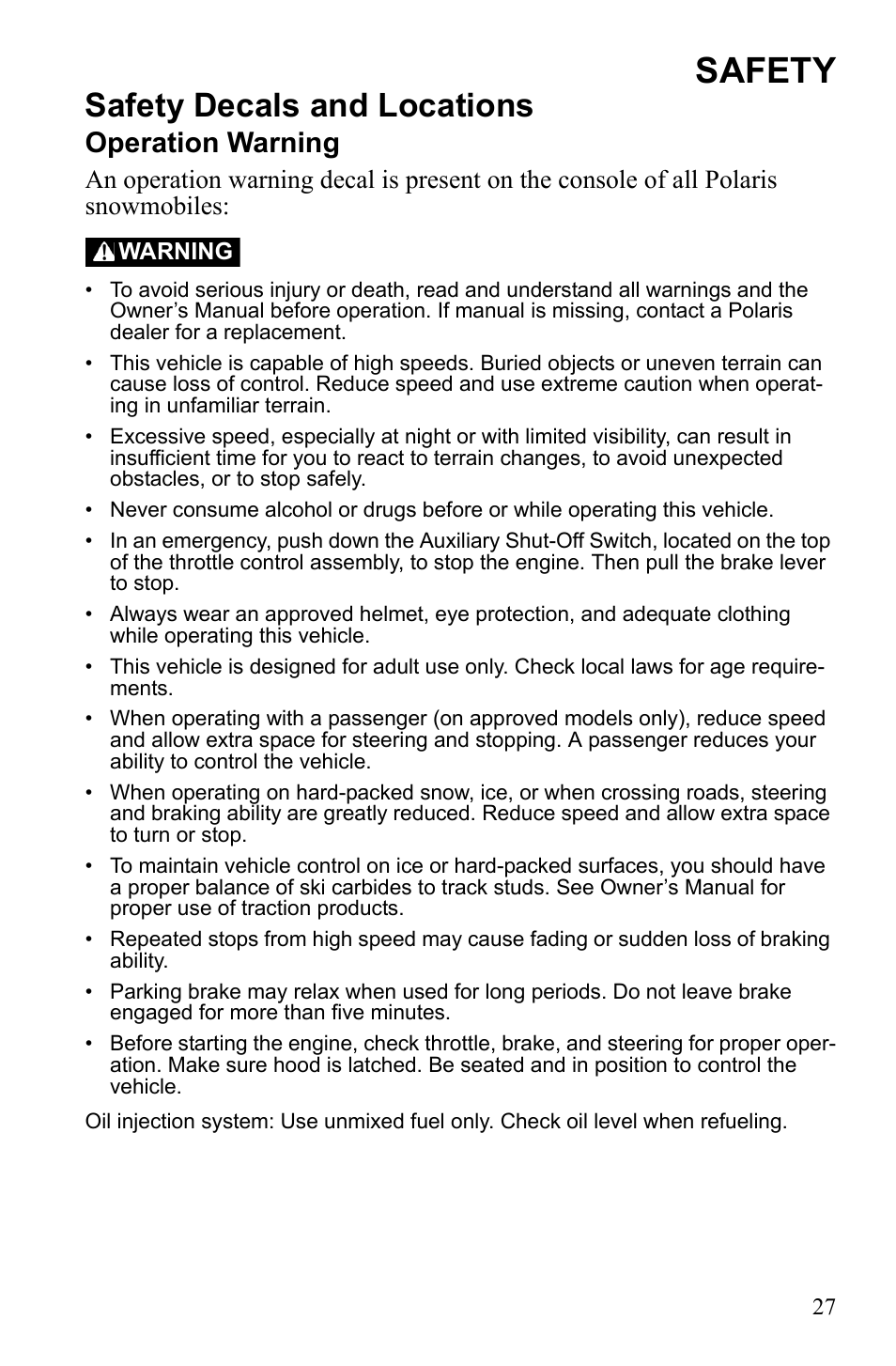 Safety, Safety decals and locations, Operation warning | Polaris 600 IQ Touring User Manual | Page 30 / 141