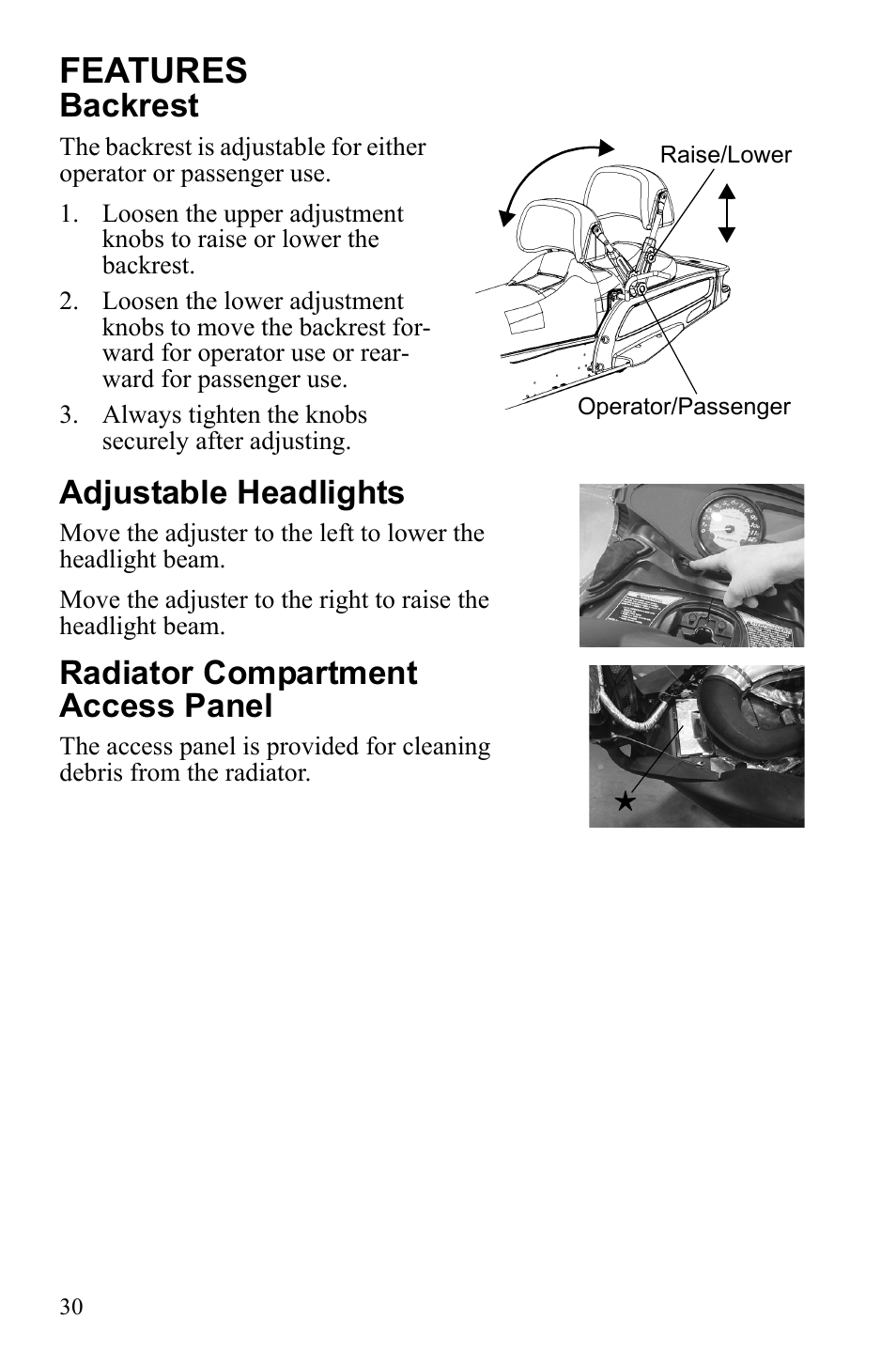 Features, Backrest, Adjustable headlights | Radiator compartment access panel | Polaris 600 IQ Touring User Manual | Page 33 / 141