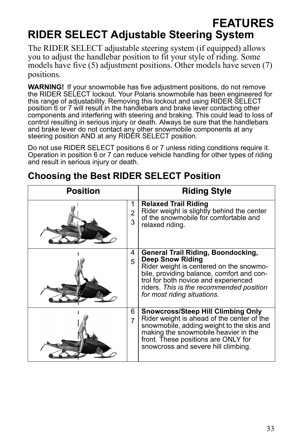 Features, Rider select adjustable steering system, Choosing the best rider select position | Polaris 600 IQ Touring User Manual | Page 36 / 141