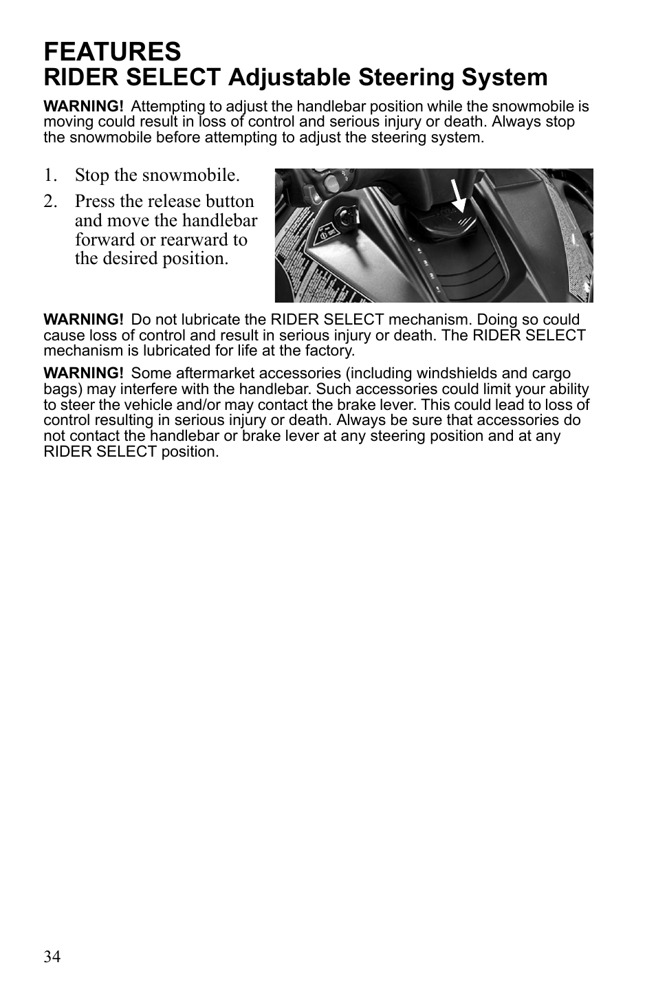 Features, Rider select adjustable steering system | Polaris 600 IQ Touring User Manual | Page 37 / 141