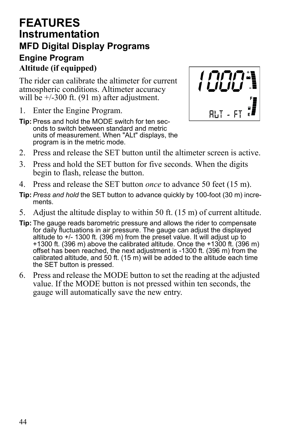 Features, Instrumentation, Mfd digital display programs | Polaris 600 IQ Touring User Manual | Page 47 / 141