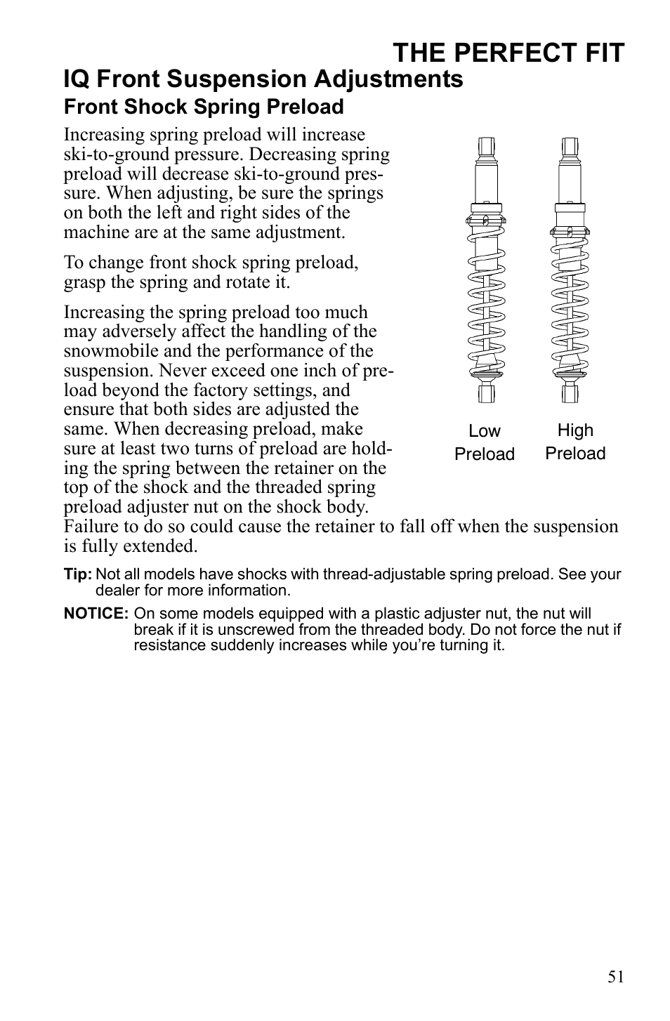 The perfect fit, Iq front suspension adjustments | Polaris 600 IQ Touring User Manual | Page 54 / 141