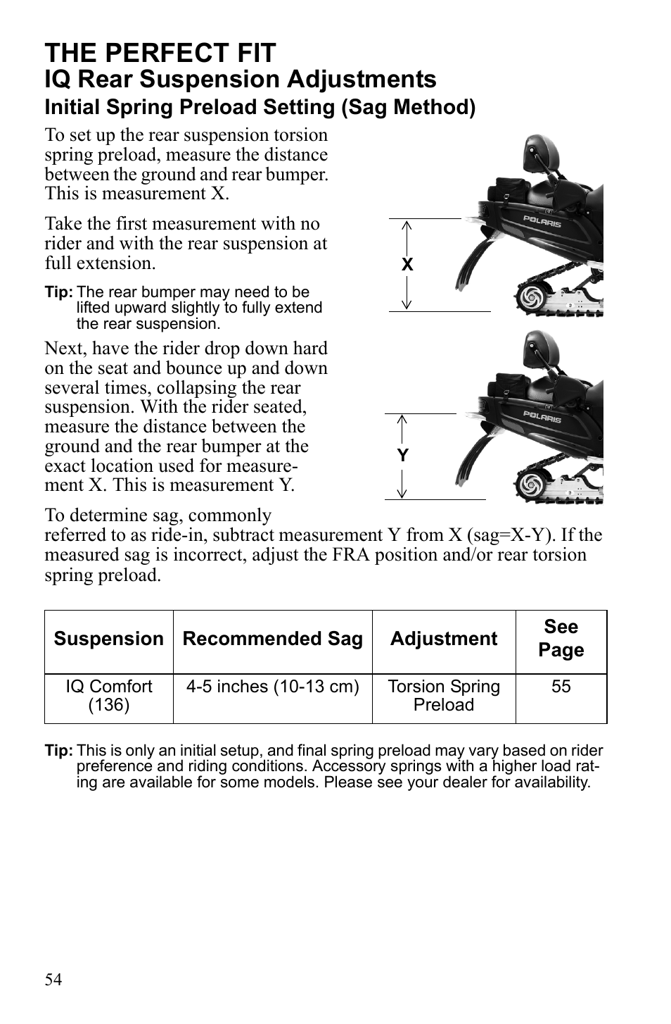 The perfect fit, Iq rear suspension adjustments, Initial spring preload setting (sag method) | Polaris 600 IQ Touring User Manual | Page 57 / 141