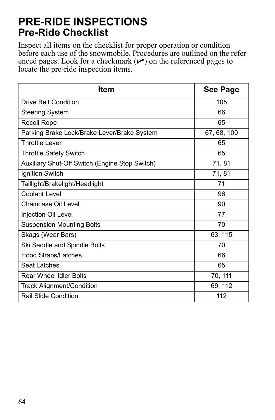 Pre-ride inspections, Pre-ride checklist | Polaris 600 IQ Touring User Manual | Page 67 / 141