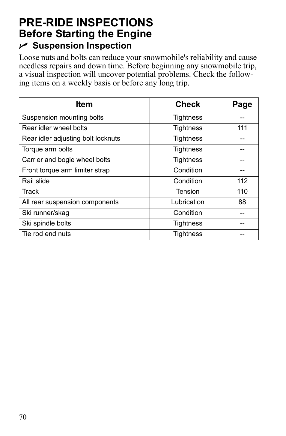 Pre-ride inspections, Before starting the engine, Nsuspension inspection | Polaris 600 IQ Touring User Manual | Page 73 / 141